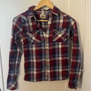 TNA red blue plaid button down shirt. Boyfriend fit.